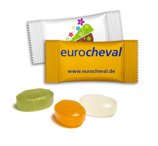 Bonbons im Flowpack, ca. 54 x 24 mm, 3 g, Standard-Folie weiß - Pfefferminz