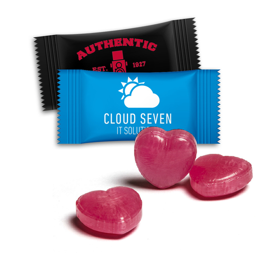 Herzbonbons im Flowpack, ca. 54 x 28 mm, 3 g, Standard-Folie weiß - Himbeerbonbon
