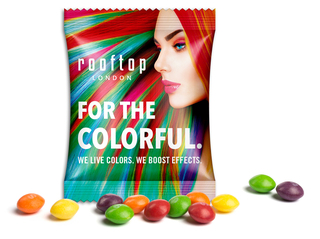 Skittles im Werbetütchen, ca. 90 x 60 mm, 10 g, Standard-Folie weiß -