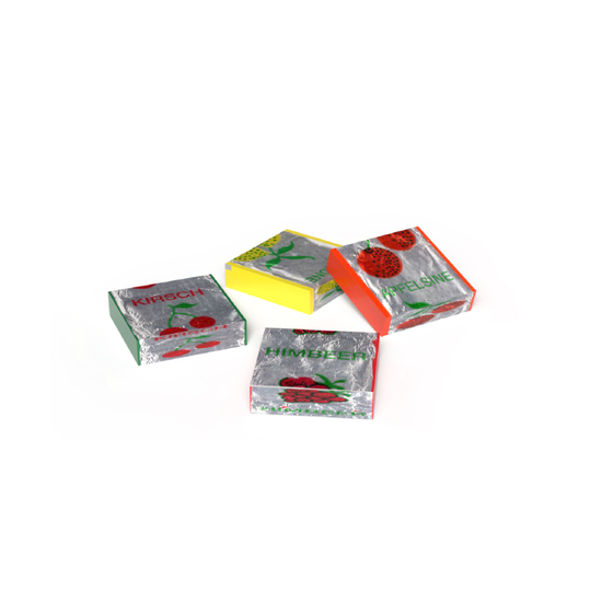 Fruchtkaramellen im Werbetütchen, ca. 90 x 110 mm, 20 g, Standard-Folie weiß -