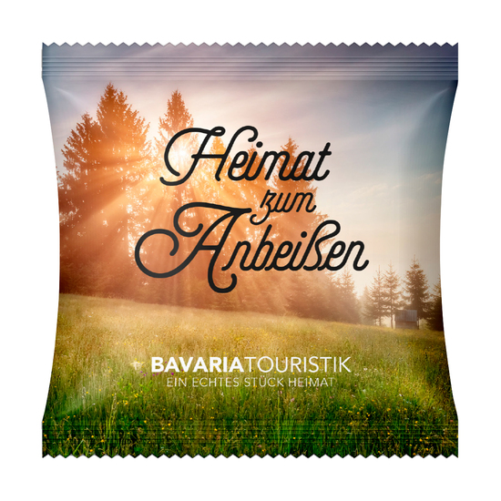 Vollkorn Snack im Werbetütchen, ca. 110 x 110 mm, 11 g, Standard-Folie weiß - Käse-Kürbiskern