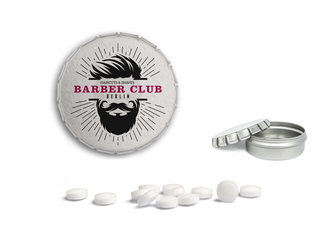 Mini Clic Clac Box, ca. 53 mm Durchmesser, Höhe 18 mm, 20 g, blank - zuckerhaltige Pfefferminztabletten