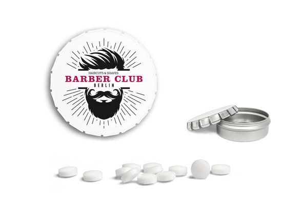 Mini Clic Clac Box, ca. 53 mm Durchmesser, Höhe 18 mm, 20 g, weiß - zuckerhaltige Pfefferminztabletten