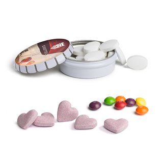 Mini Clic Clac Box, ca. 53 mm Durchmesser, Höhe 18 mm, 20 g, weiß - Koffeinbonbons Pfefferminz