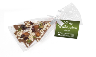 Schoko Christmas Tree, ca. 200 x 90 mm, 30 g, Weiße Schleife - Vollmilchschokolade (Topping Nüsse)