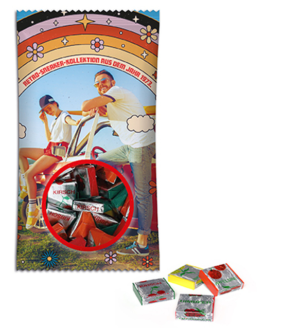 Fruchtkaramellen im Werbetütchen 100 g  Standard-Folie weiß