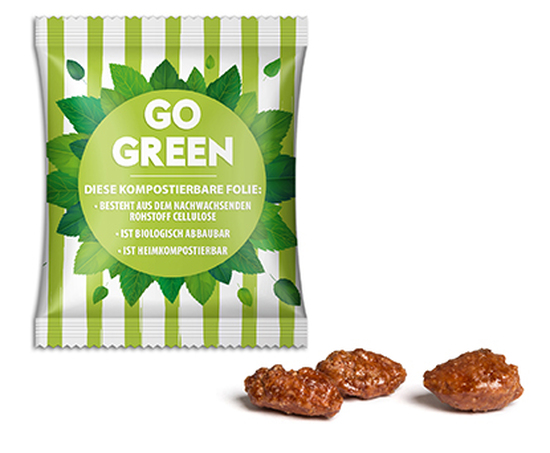 Gebrannte Mandeln im Werbetütchen 10 g Gebrannte Mandeln transparente kompostierbare Folie