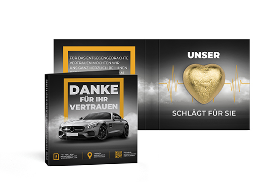 Werbekarte mit Lindt Schokoladen Herz 5 g 5 g  gold