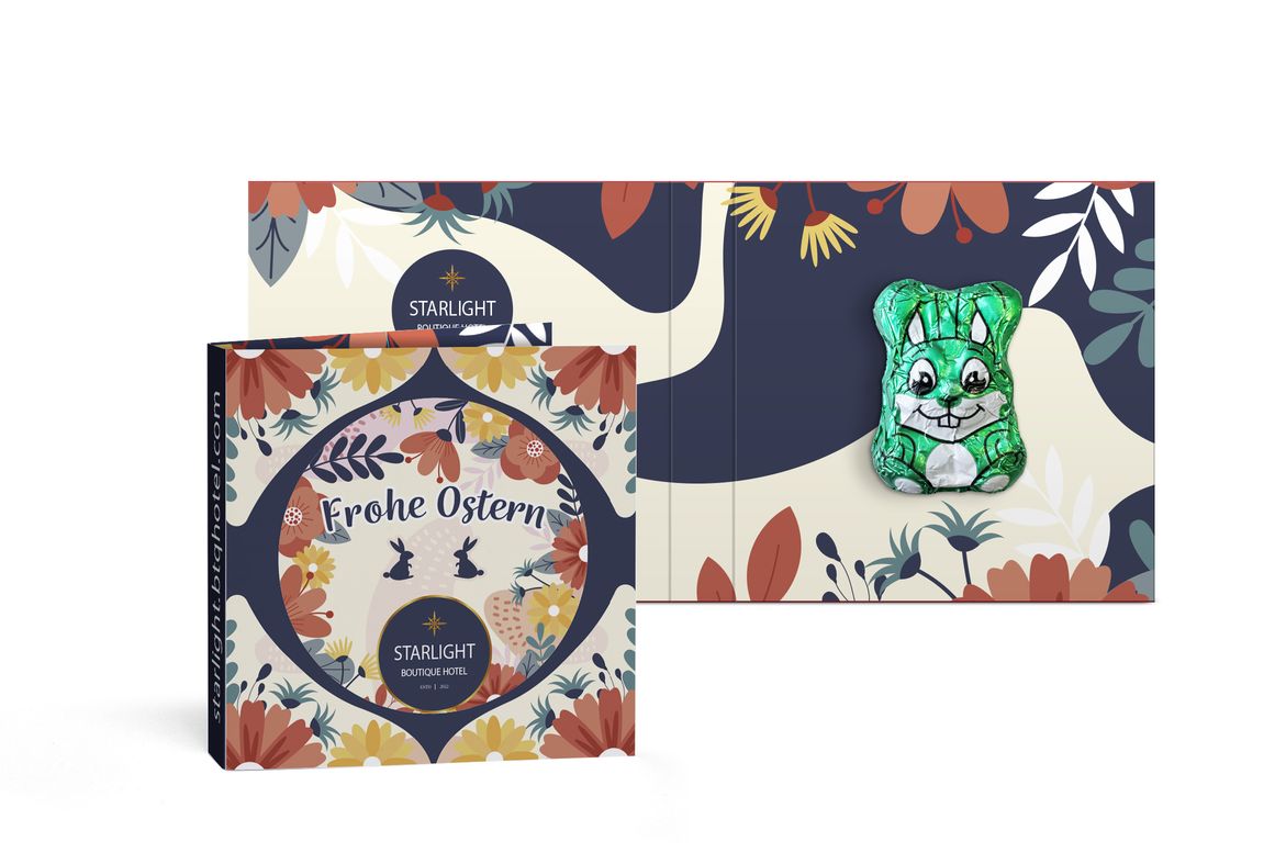 Osterhase vegan in Werbekarte 6,25 g Vegane Schokolade Kartonage