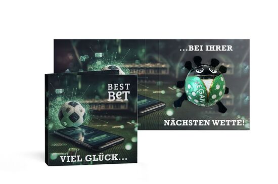 Glücksäfer vegan in Werbekarte 6,25 g Vegane Schokolade Kartonage