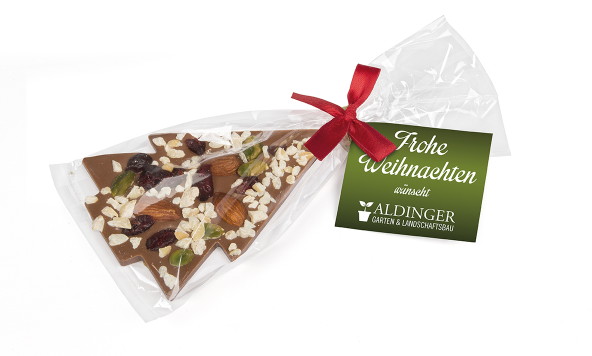 Schoko Christmas Tree 30 g Vollmilchschokolade (Topping Nüsse) Rote Schleife