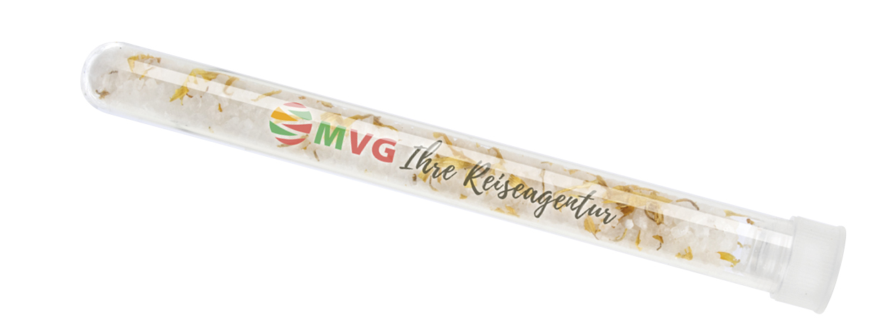 Badesalz mit Blüten im Reagenzglas - 4c Etikett