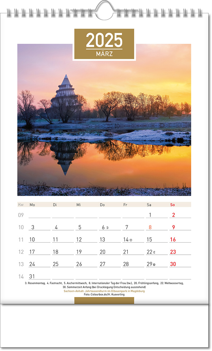 Kalender "Deutschland" im Format 24 x 38,5 cm, mit Wire-O Bindung und verlängerter Rückwand