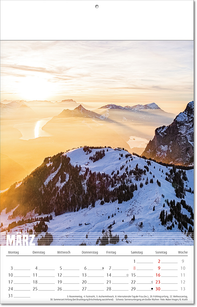 Kalender "Bergwelten" im Format 24 x 37,5 cm, mit Fälzel