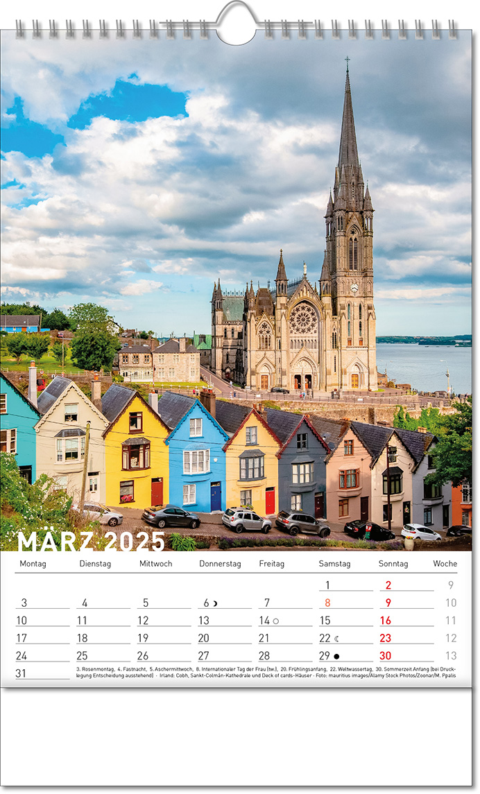 Kalender "Reiseziele" im Format 24 x 38,5 cm, mit Wire-O Bindung und verlängerter Rückwand