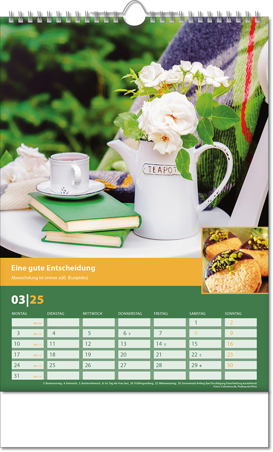 Kalender "Landlaune" im Format 24 x 38,5 cm, mit Wire-O Bindung und verlängerter Rückwand