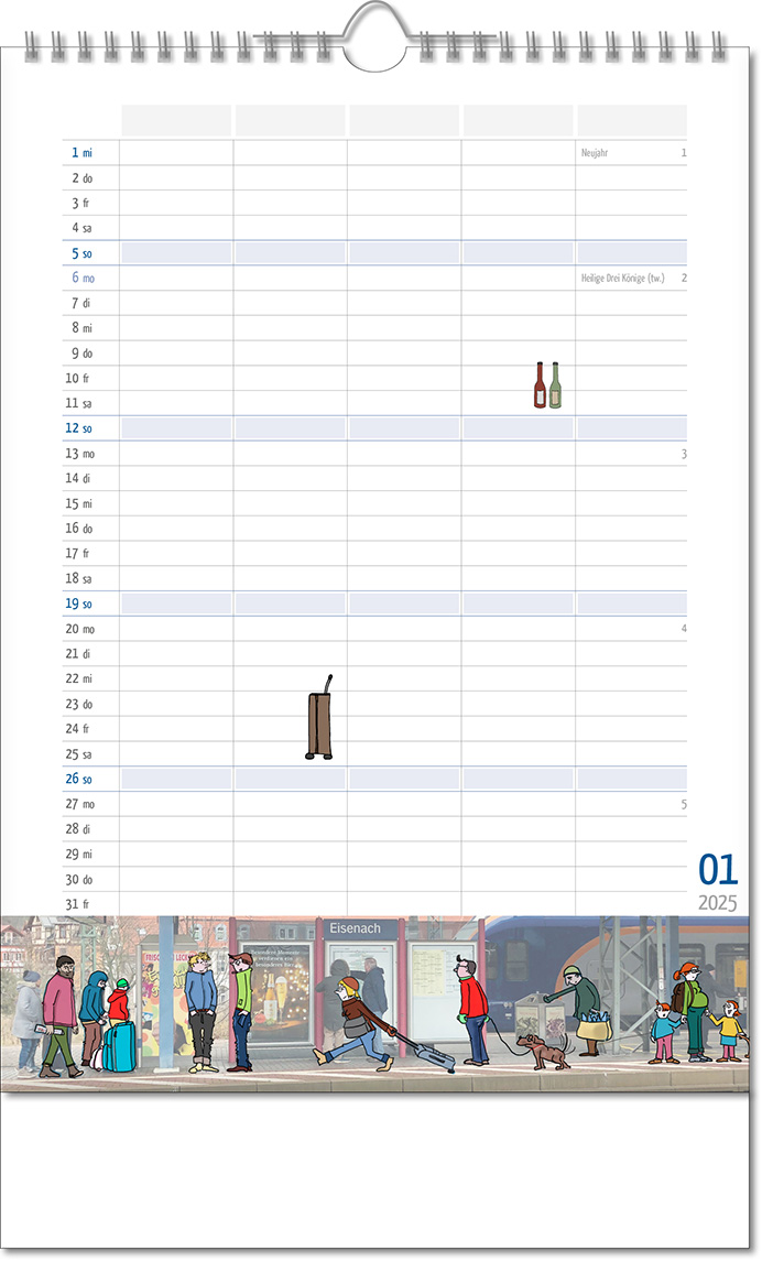 Kalender "Familienplaner" im Format 24 x 38,5 cm, mit Wire-O Bindung und verlängerter Rückwand