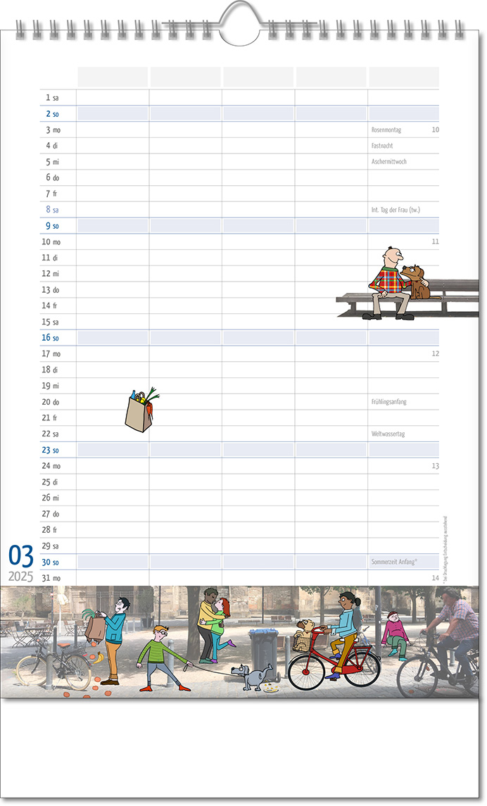 Kalender "Familienplaner" im Format 24 x 38,5 cm, mit Wire-O Bindung und verlängerter Rückwand