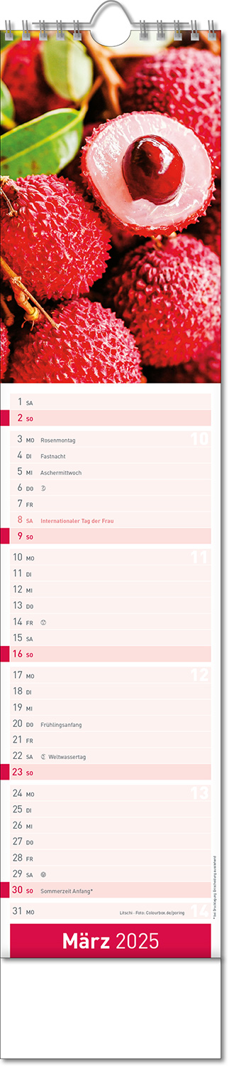 Kalender "Fresh" im Format 11 x 51 cm, mit Wire-O-Bindung und verlängerter Rückwand