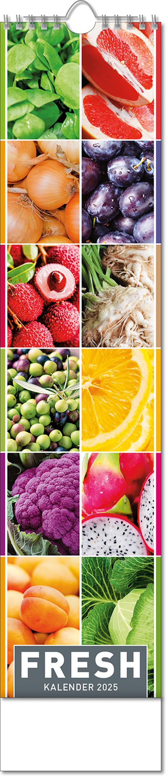 Kalender "Fresh" im Format 11 x 51 cm, mit Wire-O-Bindung und verlängerter Rückwand