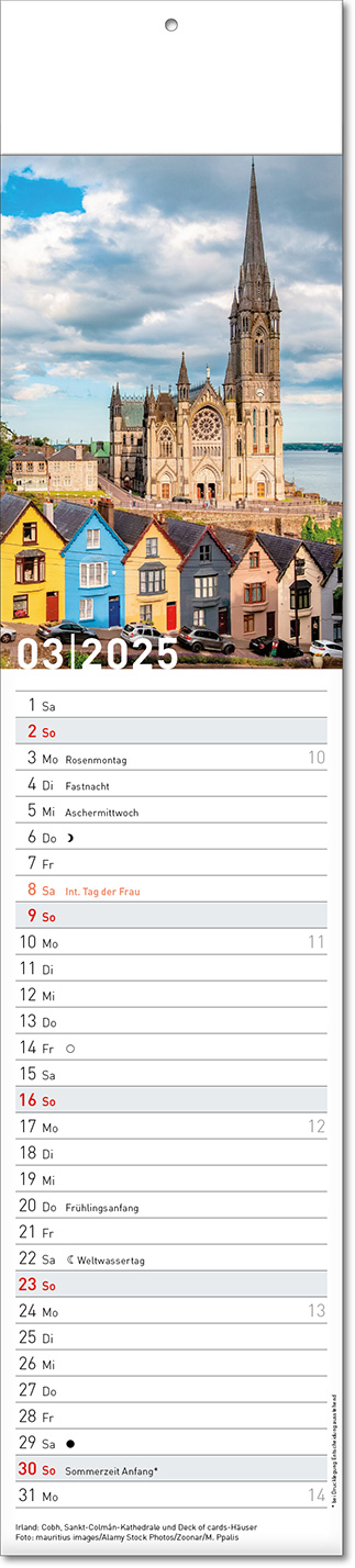 Kalender "Reiseziele" im Format 11 x 50 cm, mit Fälzel