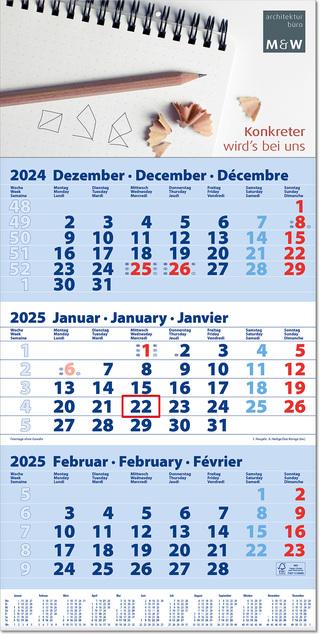 Drei-Monats-Planer "Trio" im Format 30 x 60 cm, blau, Datumsweiser umgelegt