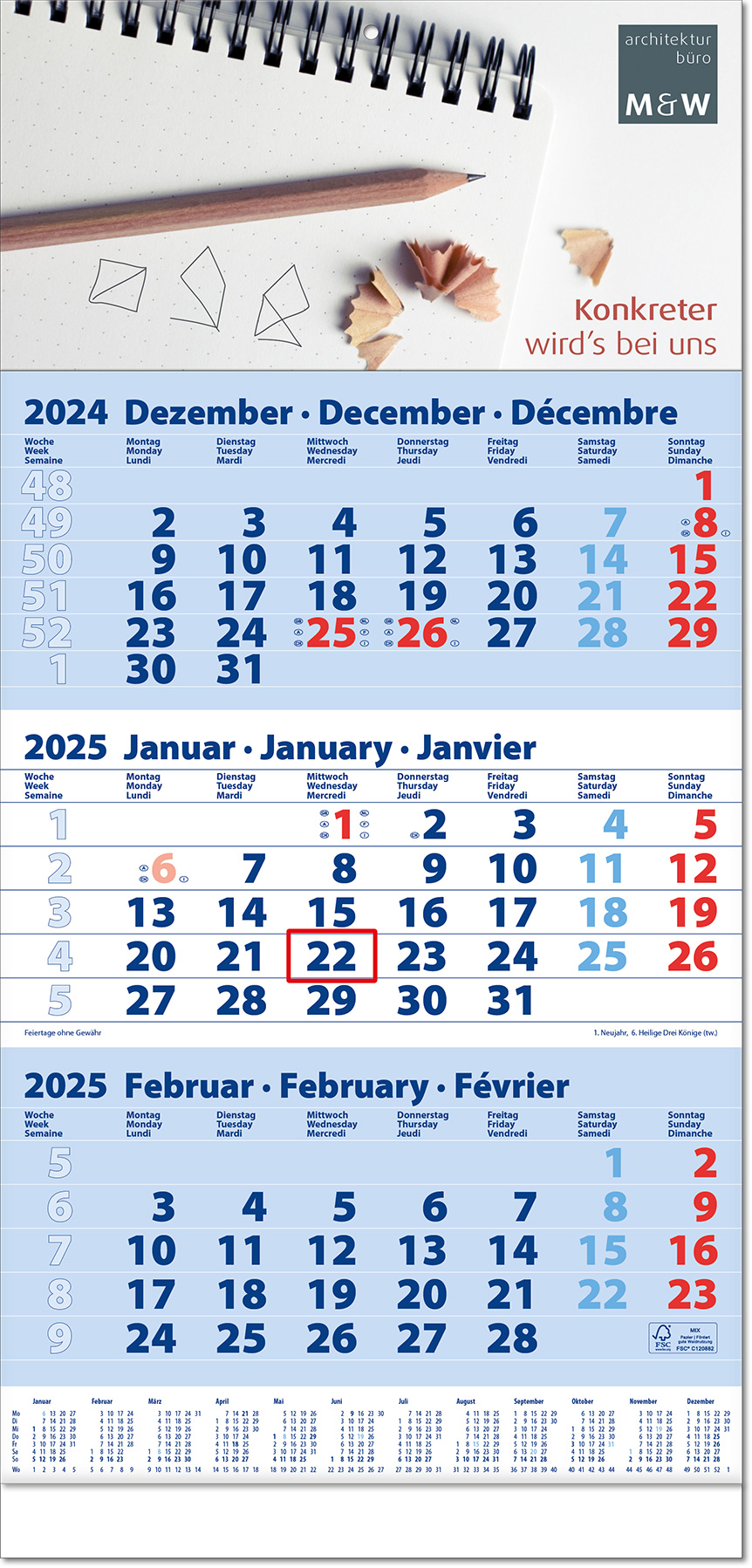 Drei-Monats-Planer "Trio" mit Fußleiste im Format 30 x 63 cm, blau, Datumsweiser umgelegt