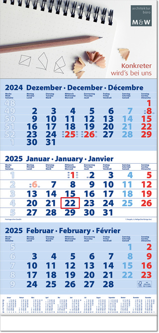 Drei-Monats-Planer "Trio" mit Fußleiste im Format 30 x 63 cm, blau, Datumsweiser umgelegt