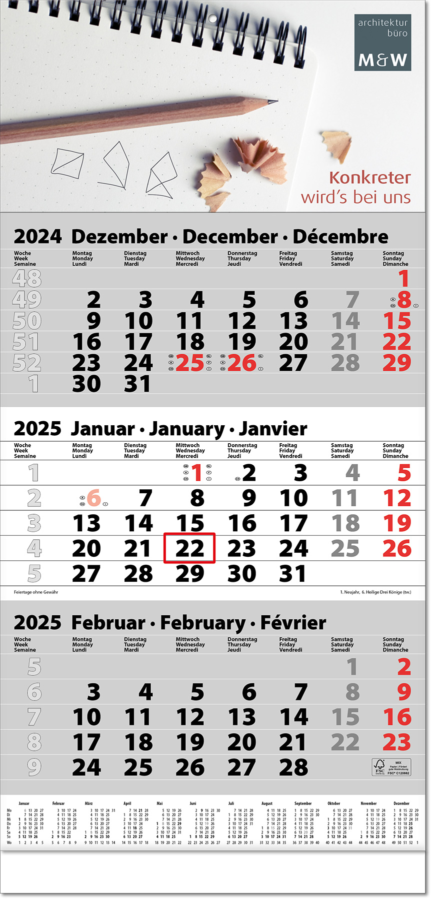 Drei-Monats-Planer "Trio" mit Fußleiste im Format 30 x 63 cm, grau, Datumsweiser umgelegt