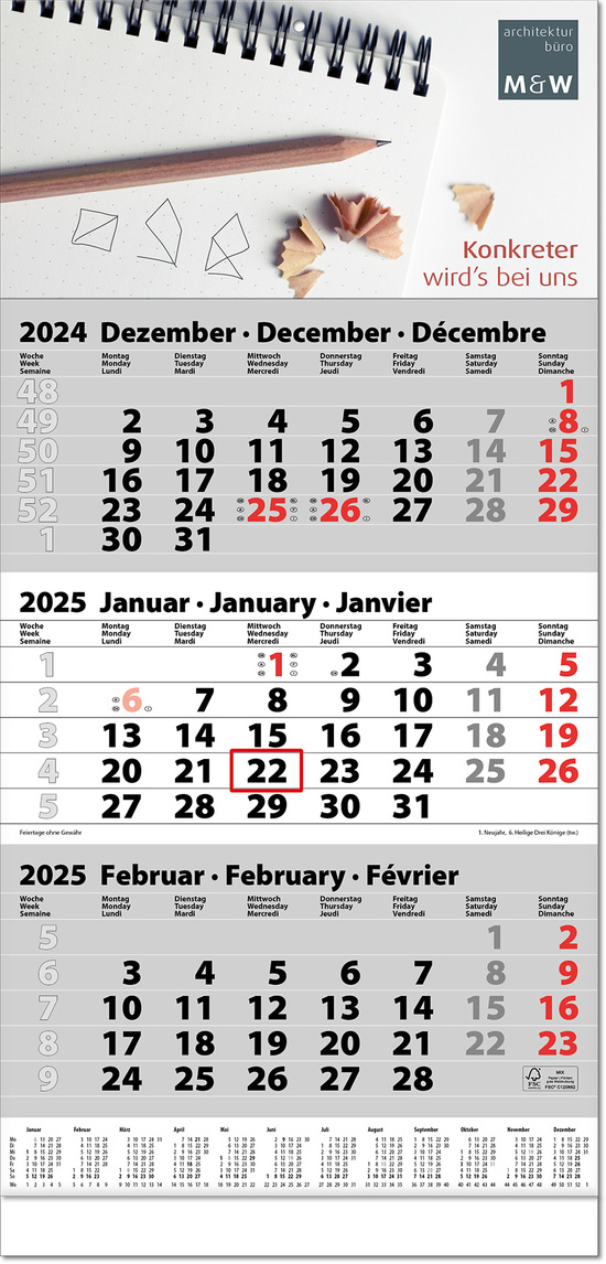 Drei-Monats-Planer "Trio" mit Fußleiste im Format 30 x 63 cm, grau, Datumsweiser umgelegt