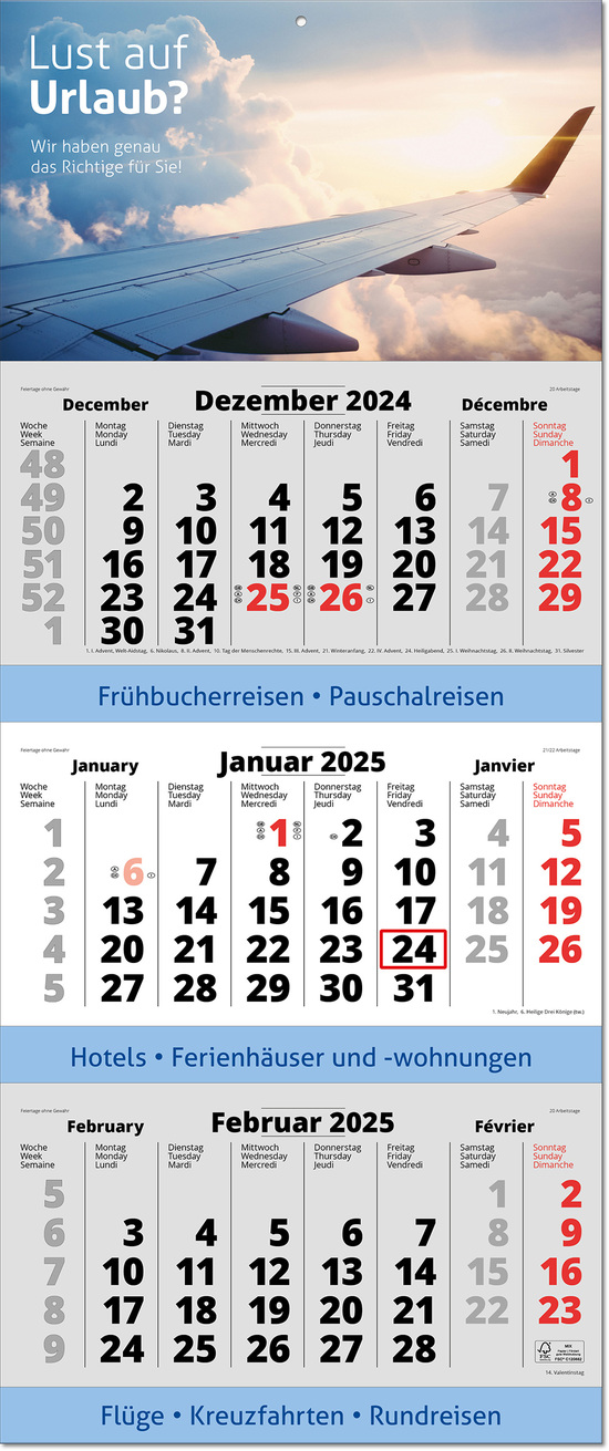 3-Monats-Planer "Spezial" mit deutschem Kalendarium im Format 34 x 81,6 cm, grau