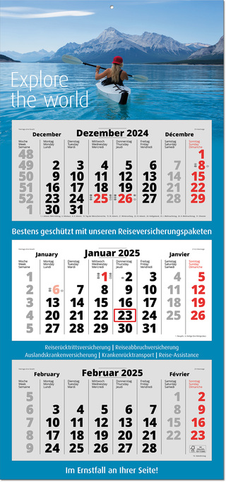 3-Monats-Paner " Large" mit deutschem Kalendarium im Format 38 x 81,6 cm, grau