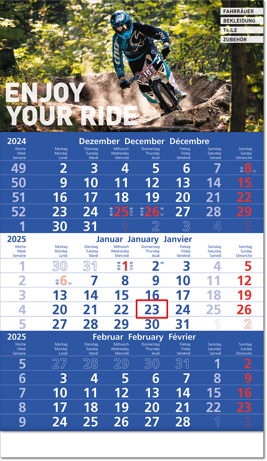 Drei-Monats-Planer "Hit" mit Fußleiste im Format 30 x 52 cm, blau PT 286, Datumsweiser