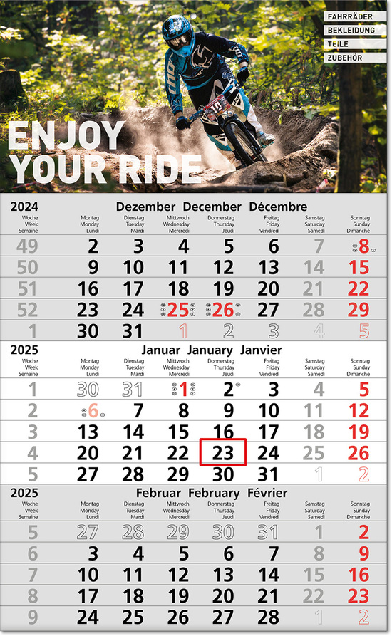 Drei-Monats-Planer "Hit" im Format 30 x 49 cm, hellgrau/rot HKS 13, Datumsweiser umgelegt