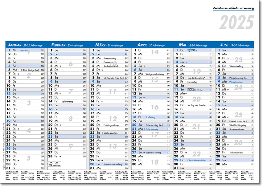 Tafelkalender im Format DIN A4, 29,7 x 21 cm, Kalendarium in blau/schwarz