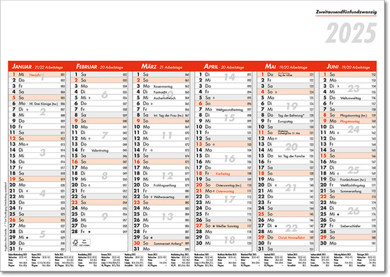 Tafelkalender im Format DIN A4, 29,7 x 21 cm, Kalendarium in rot/schwarz