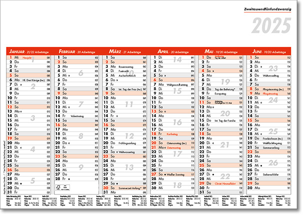 Tafelkalender im Format DIN A5, 21 x 14,8 cm, Kalendarium in rot/schwarz