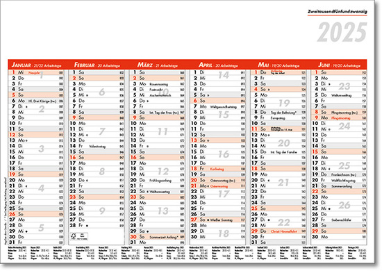 Tafelkalender im Format DIN A5, 21 x 14,8 cm, Kalendarium in rot/schwarz