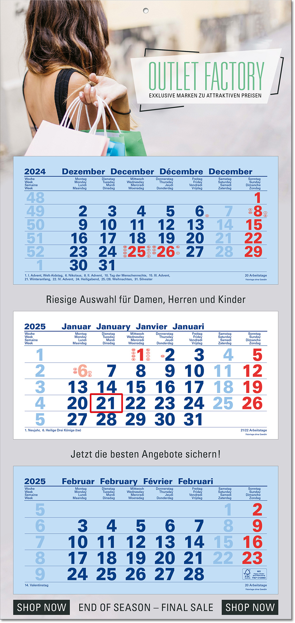 3-Monatsplaner "Junior-3" mit deutsch-mehrsprachigem Kalendarium im Format 33 x 70 cm, blau