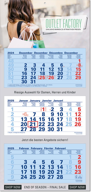 3-Monatsplaner "Junior-3" mit deutsch-mehrsprachigem Kalendarium im Format 33 x 70 cm, blau