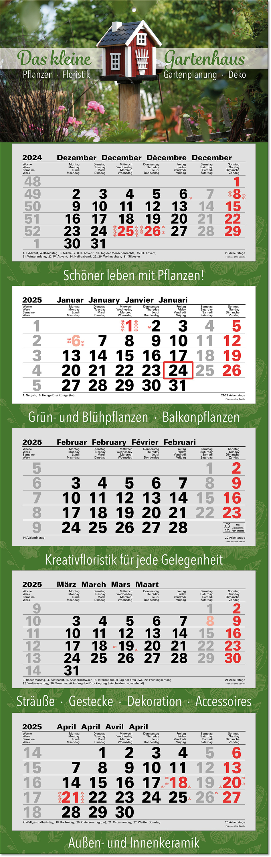 5-Monatsplaner "Junior-5" mit deutsch-mehrsprachigem Kalendarium im Format 33 x 105 cm, grau