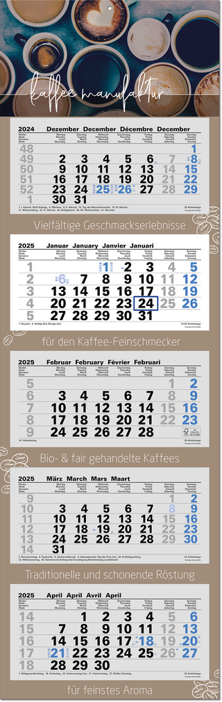 5-Monatsplaner "Ocean-5" mit deutsch-mehrsprachigem Kalendarium im Format 33 x 105 cm, grau/blau