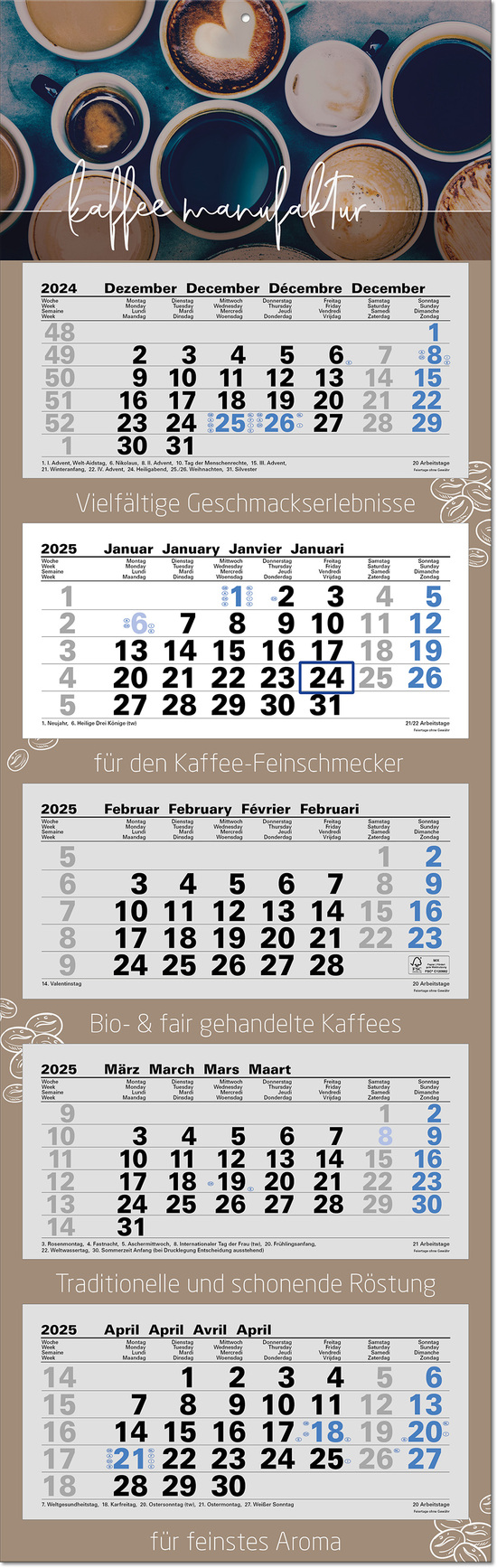 5-Monatsplaner "Ocean-5" mit deutsch-mehrsprachigem Kalendarium im Format 33 x 105 cm, grau/blau