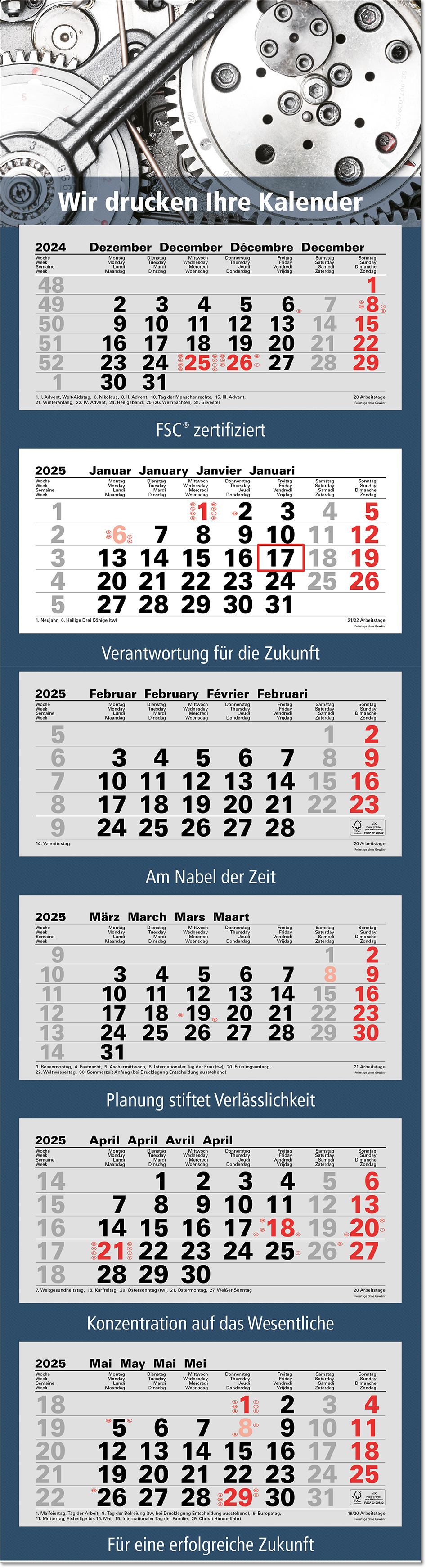 6-Monatsplaner "Junior-6" mit deutsch-mehrsprachigem Kalendarium im Format 33 x 122,5 cm, grau