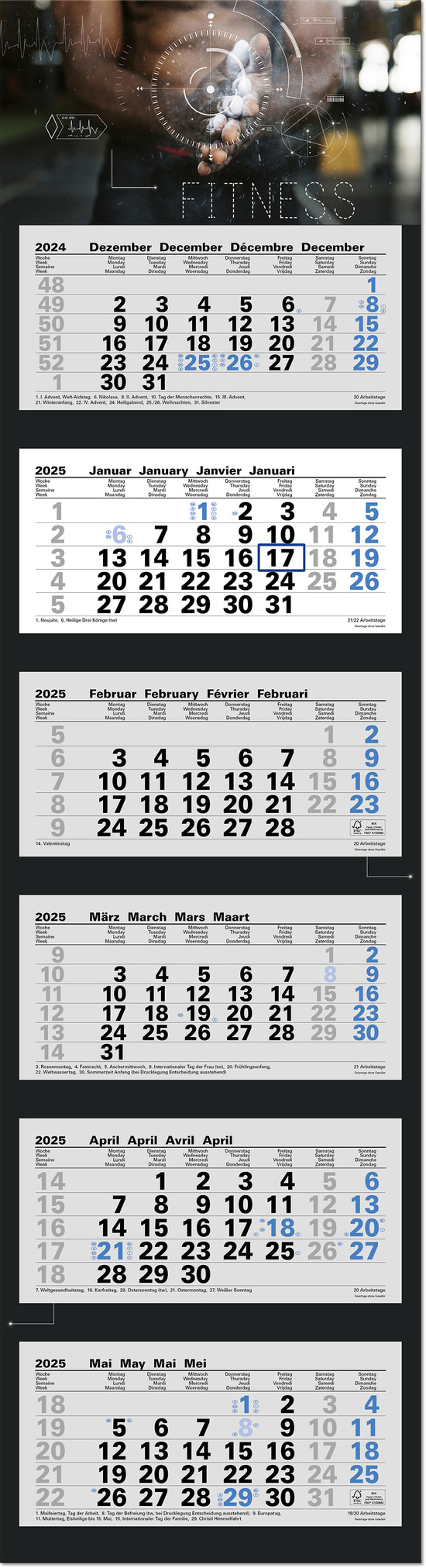 6-Monatsplaner "Ocean-6" mit deutsch-mehrsprachigem Kalendarium im Format 33 x 122,5 cm, grau/blau