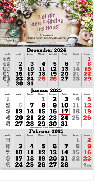 Drei-Monats-Planer "Classic" mit Fußleiste im Format 30 x 58 cm, grau, Datumsweiser umgelegt