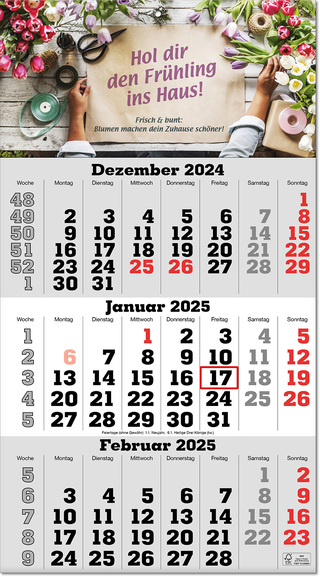 Drei-Monats-Planer "Classic" im Format 30 x 54,5 cm, grau, Datumsweiser umgelegt