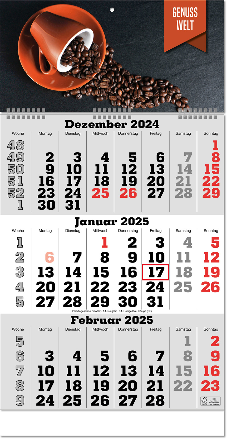 Drei-Monats-Planer "Classic-wire"  mit Fußleiste, im Format 30 x 59 cm, grau,Datumsweiser umgelegt