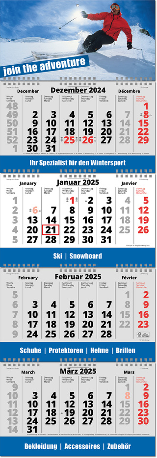 Vier-Monats-Planer "Fold-4" mit deutsch-mehrsprachiges Kalendarium,dreifacher Wire-O Bindung und Fußleiste, im Format 34 x 99,2 cm, grau,Datumsweiser umgelegt