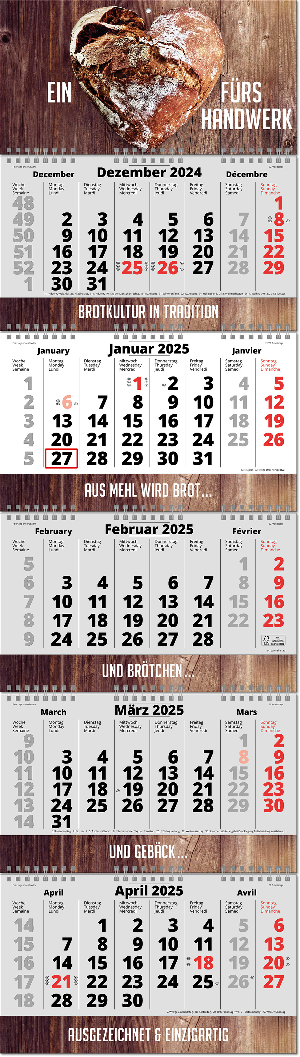 Fünf-Monats-Planer "Fold-5" mit deutsch-mehrsprachigem Kalendarium, dreifacher Wire-O Bindung und Fußleiste, im Format 34 x 119,7 cm, grau, Datumsweiser umgelegt